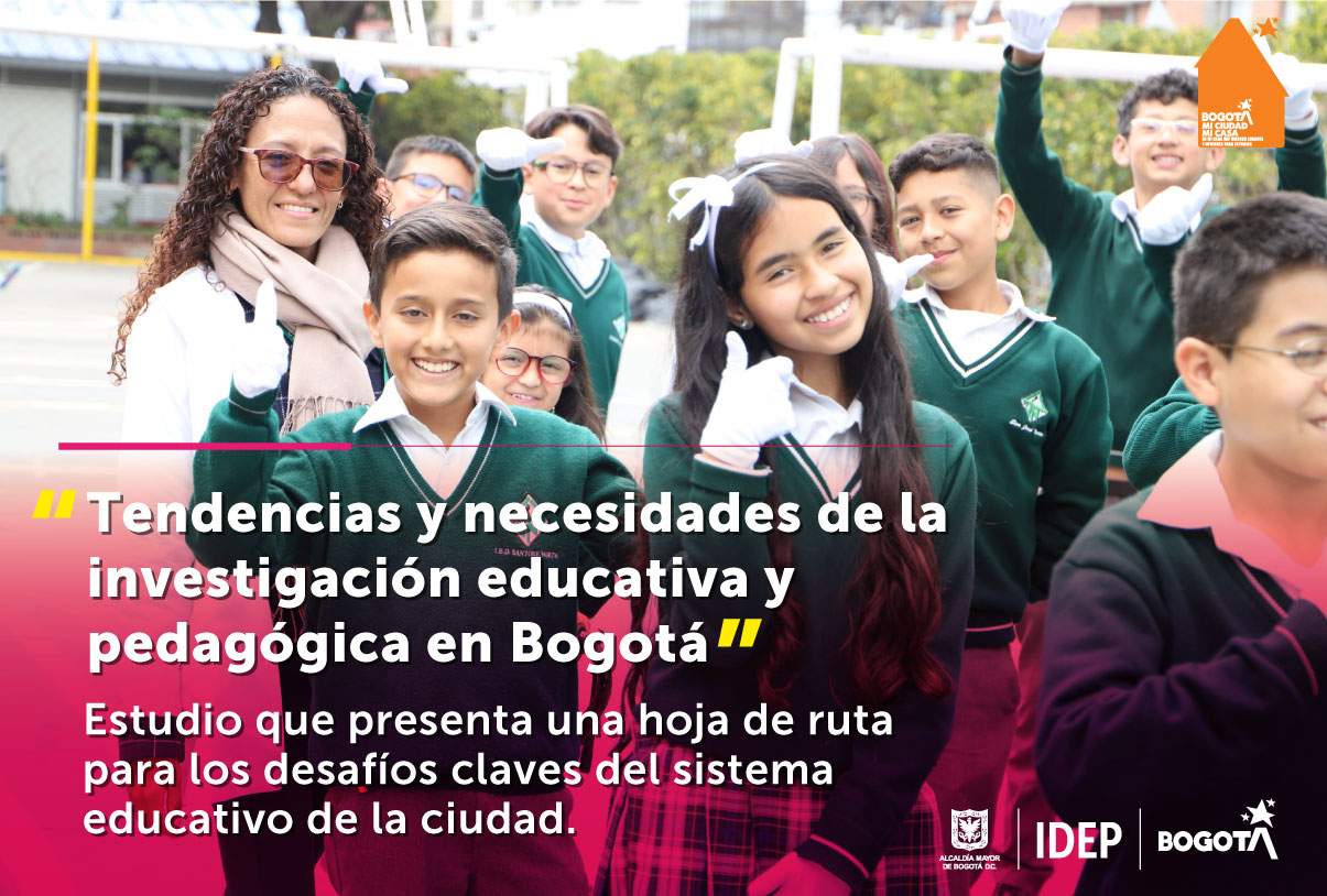 alt="Estudiantes sonriendo y le titulo Tendencias y necesidades de la investigación educativa y pedagógica en Bogotá"