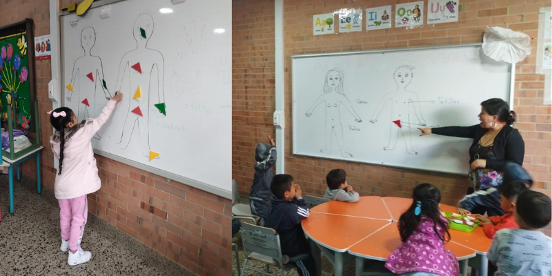 Foto de niña interactuando en el tablero y maestra enseñando en el tablero