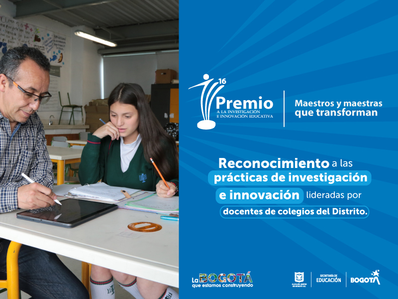 Imagen de Maestro con una alumna y el logo del premio a la investigación e innovación educativa